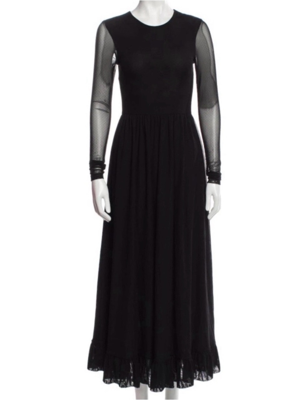 Ganni Long Sheer Sleeves Addison Swiss Dot Stretch Tulle Ruffle Trim Maxi Dress